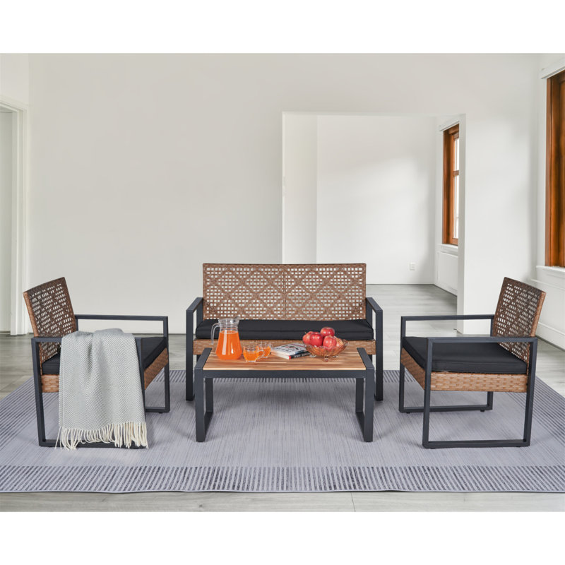 4-Piece Patio Furniture Set Outdoor Balcony Porch Garden Backyard Lawn Furniture Acacia Wood Table Top, Morden Black And Light Brown