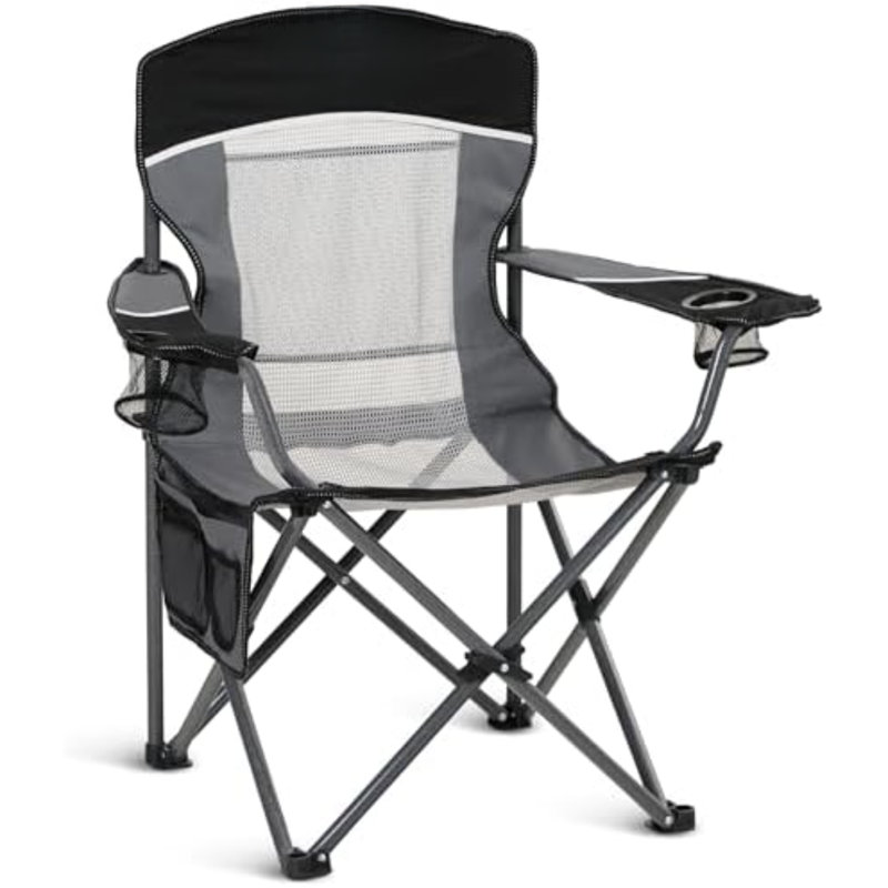 Chaises de camping surdimensionnées entièrement rembourrées avec soutien lombaire | Structure en acier robuste (500 lb), solide et durable, sac isotherme, tissu Oxford 600D, porte-gobelet, sac de transport, poche, montage facile