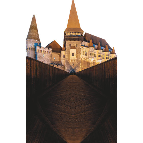 H13654 Château Corvin, Hunyadi, gothique, Renaissance, rouille, toile de fond, découpe, carton, debout, debout