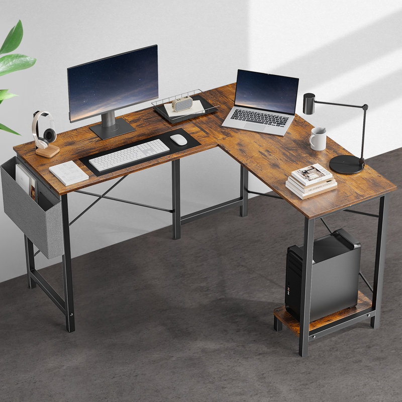 Desk and Chair Set: 49 Inch L-Shaped Computer Desk and Height Adjustable Mesh Chair, Brown