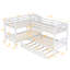 Lit simple superposé en forme de L blanc avec lit gigogne, fabrication robuste, pouvant accueillir plusieurs personnes. Cadre en bois massif. Polyvalent pour les chambres d'amis. 6 ans et plus recommandé. Pas de sommier tapissier.