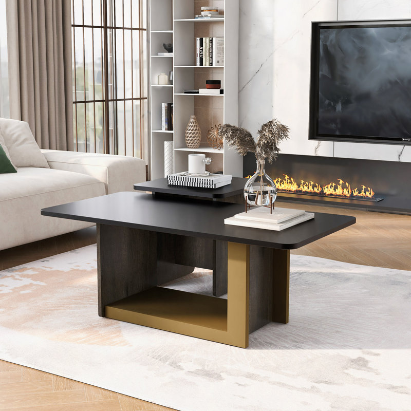 Ensemble de 2 tables basses modernes et luxueuses, petite table de bout carrée avec plateau spacieux et centre, Noir