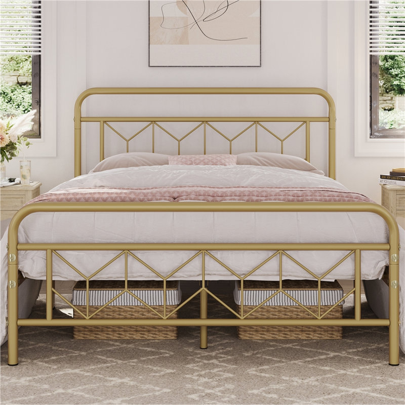 White Queen Metal Platform Bed Frame with Headboard