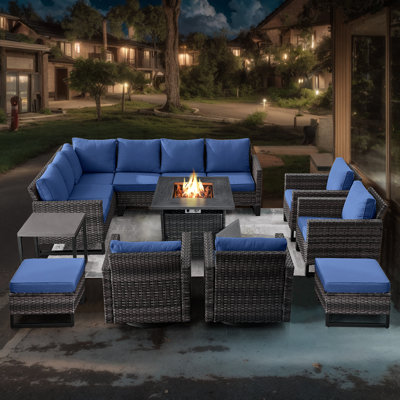 Ensemble de mobilier de patio extérieur avec table de foyer, ensemble de conversation en osier, canapé en forme de L avec chaises de patio et repose-pieds, canapé d'extérieur très profond