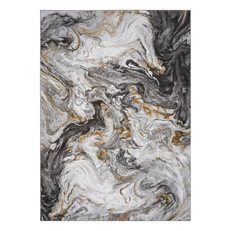 Soft Modern Abstract Non-Slip Washable Area Rug In Marble Pattern, Rectangle 5' x 7', Blue/Gold/Ivory/Navy/Gray