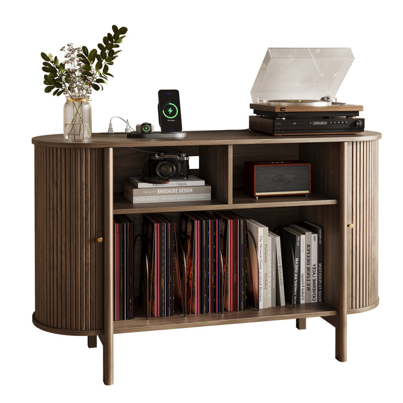 Meuble télé et support pour platine vinyle de 43 pouces de large avec prises électriques, Wulnut