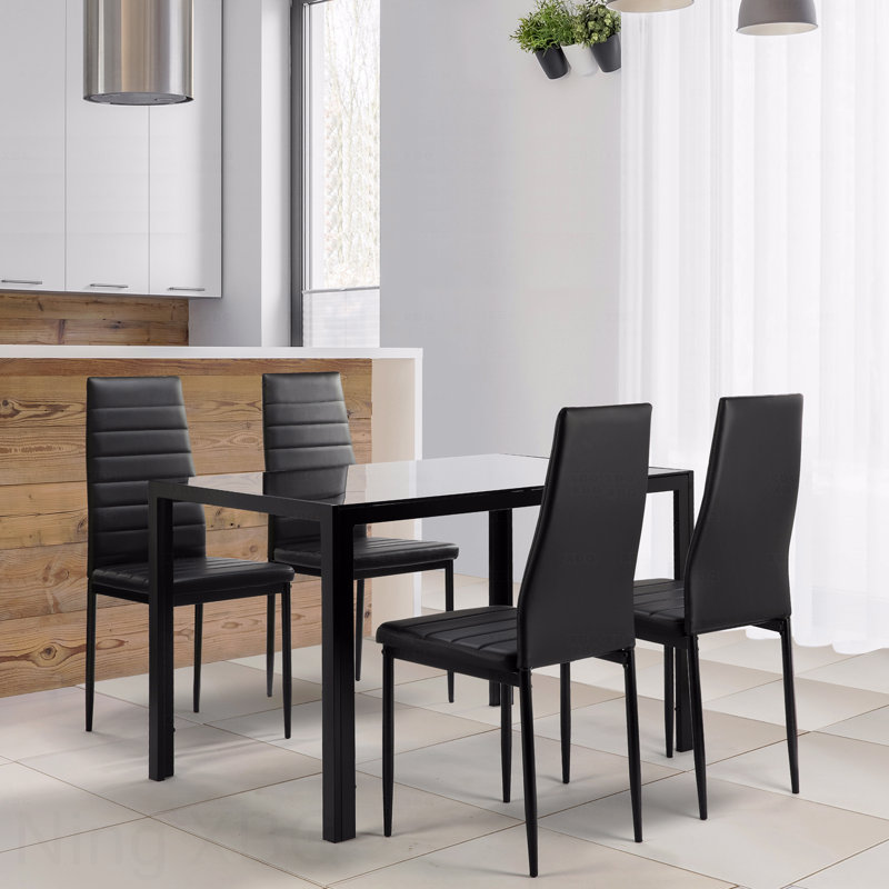 5 Pieces  Dining Table Set For 4,Kitchen Room Tempered Glass Dining Table ,4 Faux Leather Chairs