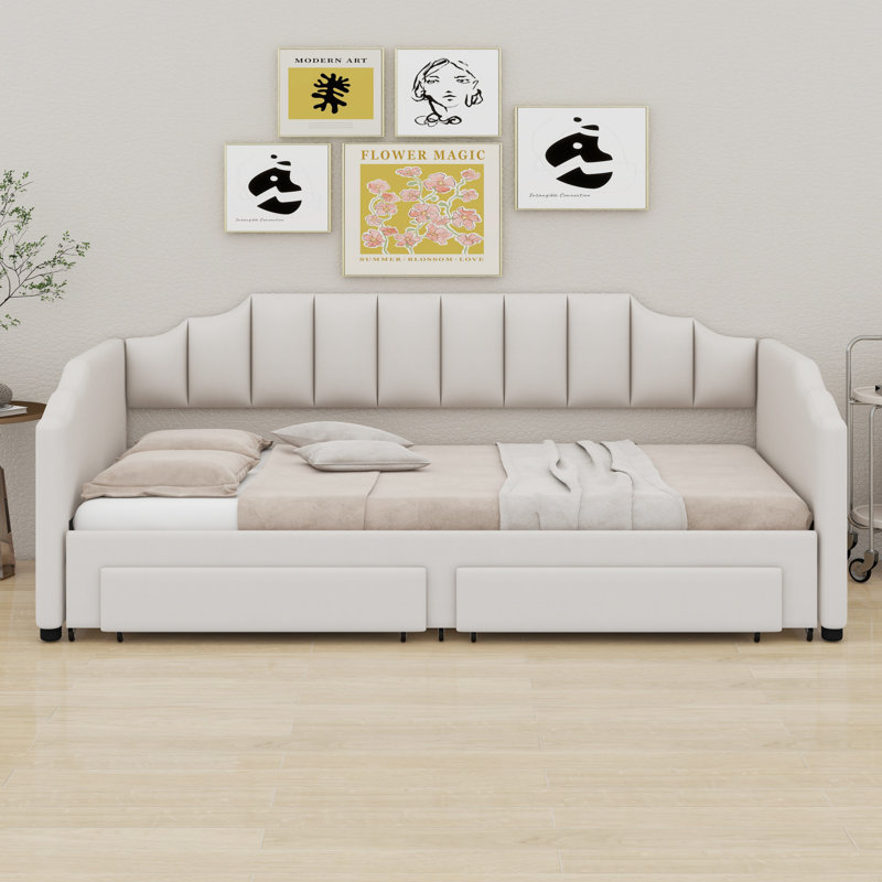 Lit de jour rembourré extensible avec tiroirs de rangement et lumière DEL, Beige