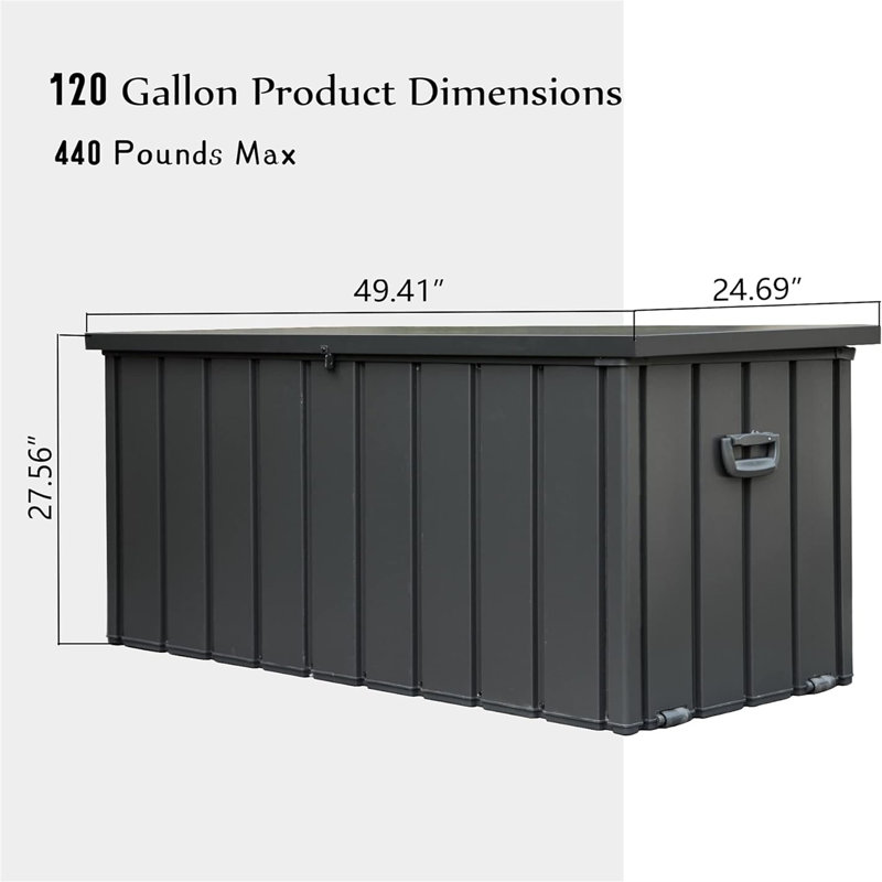 Boîte de rangement extérieure 120 gallons imperméable, H 27,56 po x l 49,41 po x P 24,69 po, Gris foncé