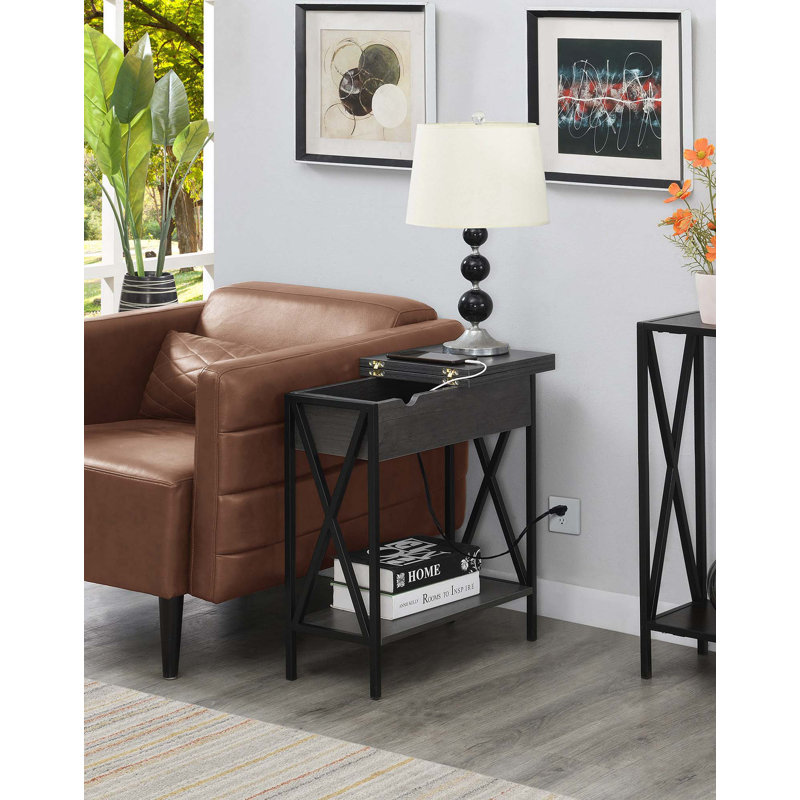 Table de bout Ariyana avec prises intégrées et ports USB, Plateau gris anthracite / base noire