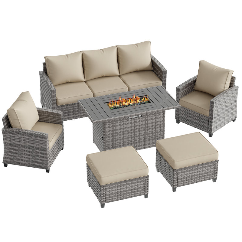 6-Piece Patio Furniture Set with Gas Fire Pit Table, PE Wicker Outdoor Conversation Set with 3-Seat Sofa, 2 Armchairs and Ottomans, Outdoor Patio Furniture for Backyard & Porch