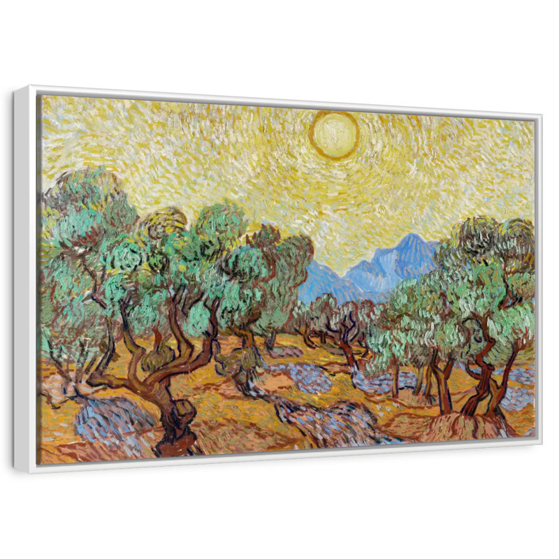 Oliviers avec ciel jaune et soleil, 37 po x 25 po, Cadre flottant blanc