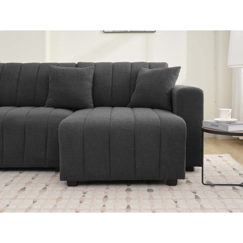 Canapé d'angle capitonné en forme de L scandinave d'inspiration moelleuse avec coussins décoratifs, Gris foncé