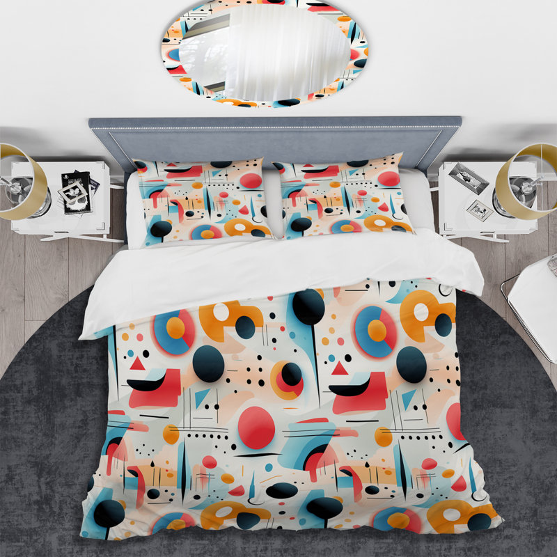 Ensemble de housse de couette à motif géométrique rose et bleu Mid-Century, Housse de couette simple + 1 taie décorative stan