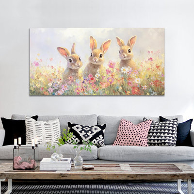  Printemps, impression de lapin de Pâques au printemps, décoration murale de lapin de Pâques au printemps, décoration murale de fleurs de lapin et de printemps, impressions de Pâques pour le salon, la chambre à coucher, la chambre d'enfant, la chambre de bébé prête à être suspendue 24 po x 48 po