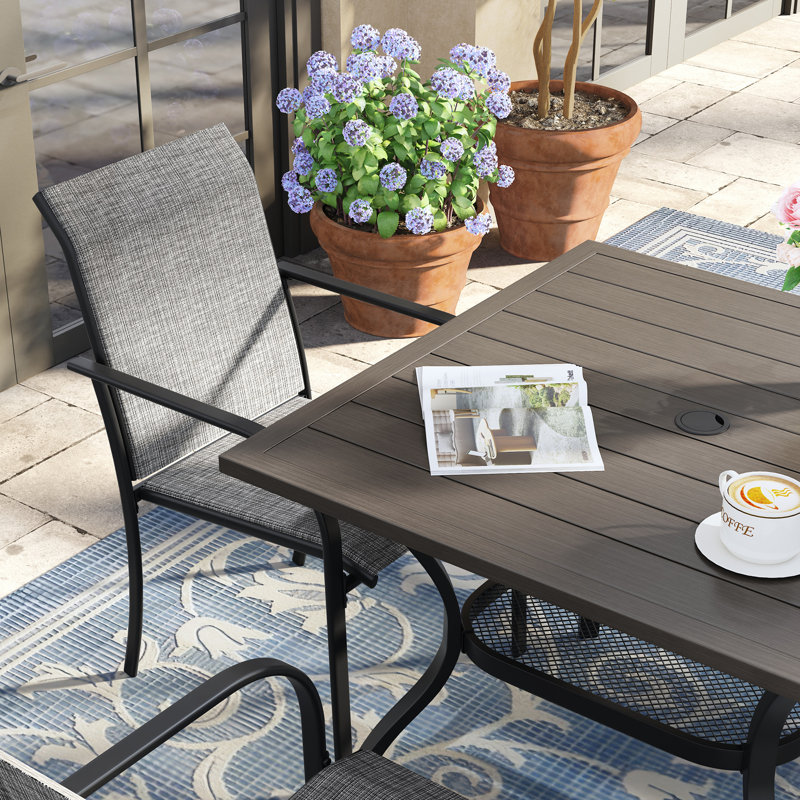 4-Person Square Patio Dining Set With Stackable PVC-coated polyester Chairs, Gray/Brush Wood Gray