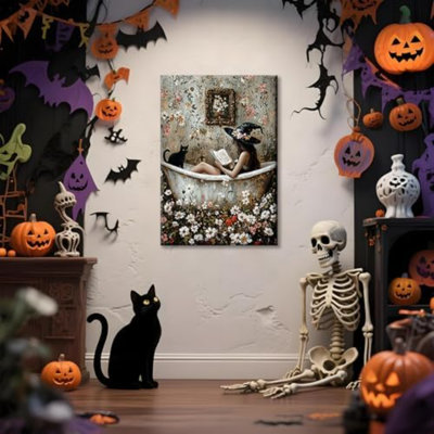 Rétro d'Halloween, affiche de sorcière, livre de lecture dans une baignoire, art mural, chat noir, décor, fleurs sauvages gothiques, impressions sur toile, fantaisiste, bain de bulles, esthétique pour salle de bain, chambre à coucher 12 x 16 pouces, sans cadre
