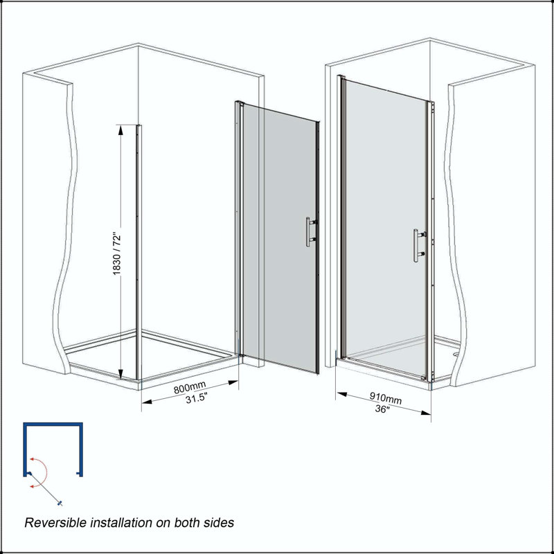 Porte de douche pivotante 36 x 72 - Chrome, demi-cadre, verre trempé de 6 mm