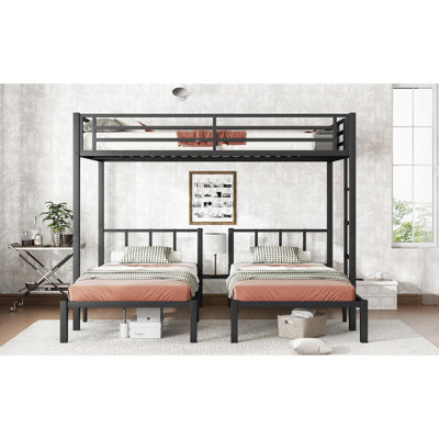 Black Metal Twin Over & Queen Bunk Bed Detachable Triple Frame With Guardrails And Easy Assembly Guide Noise Reduced Shelf For Daily Use Items