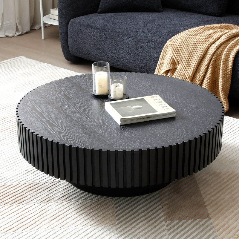 Table basse ronde en bois 35,43 po, Noir mat, Noir mat, Bois