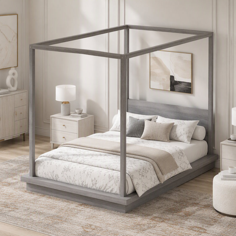 Lit plateforme à baldaquin en bois avec tête de lit, Gris, Grand lit
