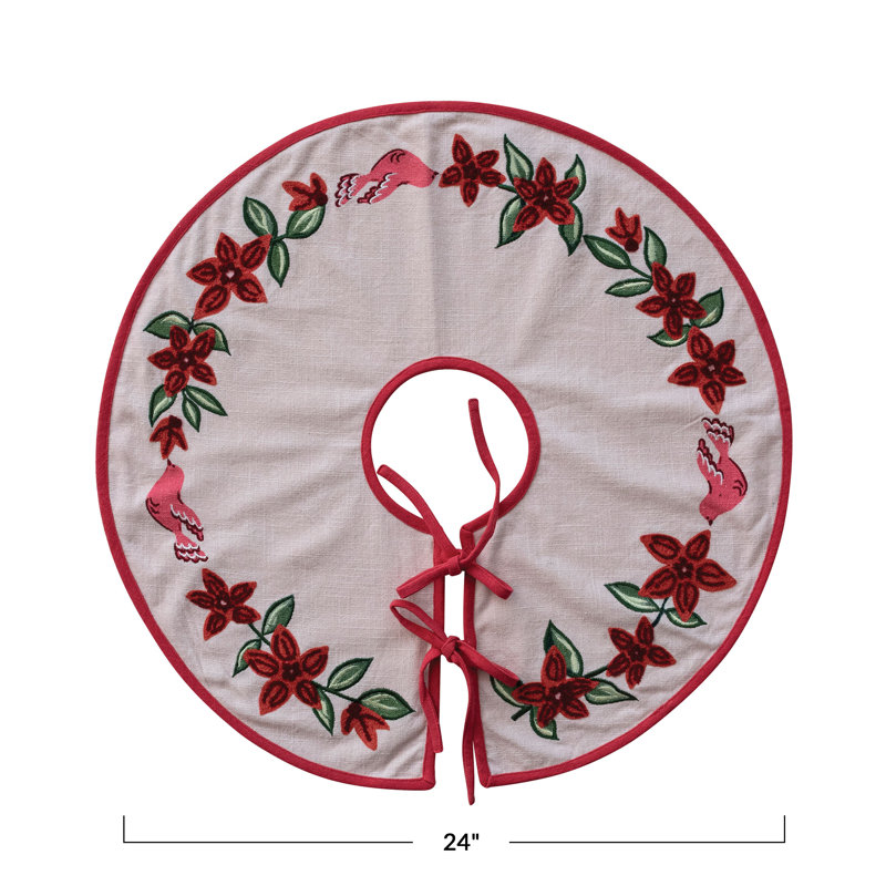 Jupe d'arbre en coton brodée avec poinsettias oiseaux