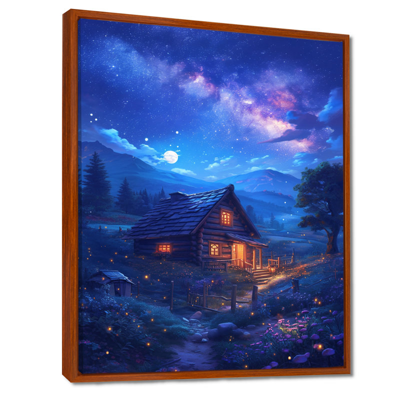 Maison de campagne sur la montagne, nuit magique - campagne, art mural, Toile avec cadre flottant brun