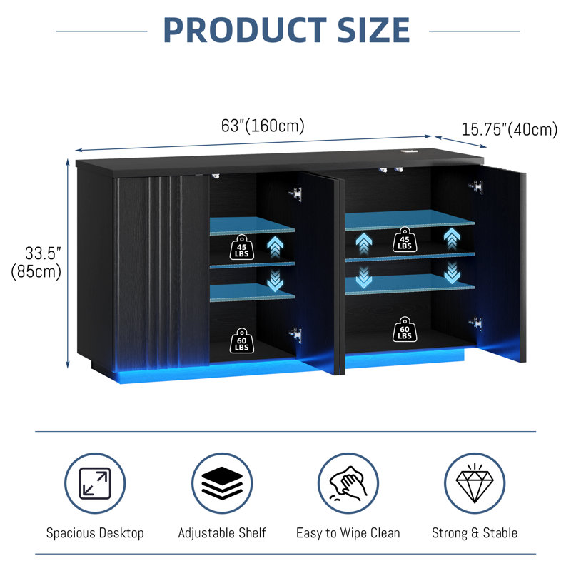 63'' Sideboard Cabinet With Led Lights, Type-c Ports, Usb Ports & Motion Sensor, Black
