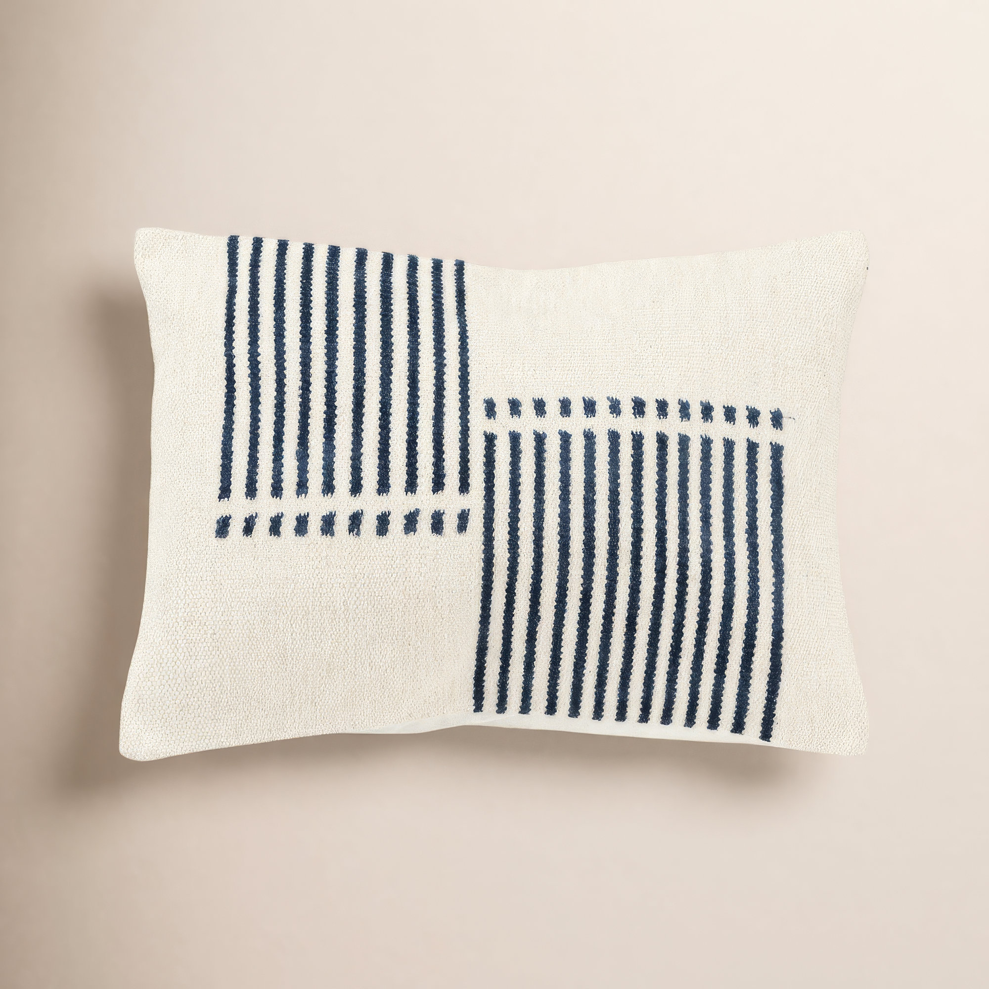 Carlus Striped Cotton Lumbar Throw Pillow, Natural/Blue