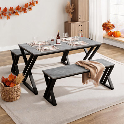 Kitchen Room Table Set with Benches, 44.8" Space-Saving Rectangular Dining Table Set for 4,Sturdy Metal Kitchen Table Set with X Metal Frame Space Sav