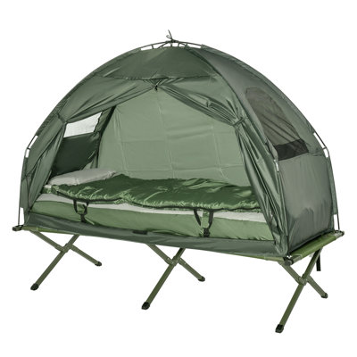 Lit de camp pliant multifonctionnel pour adultes Outsunny, tente surélevée avec sac de couchage, surmatelas épais, lit de camping portatif pour lit simple