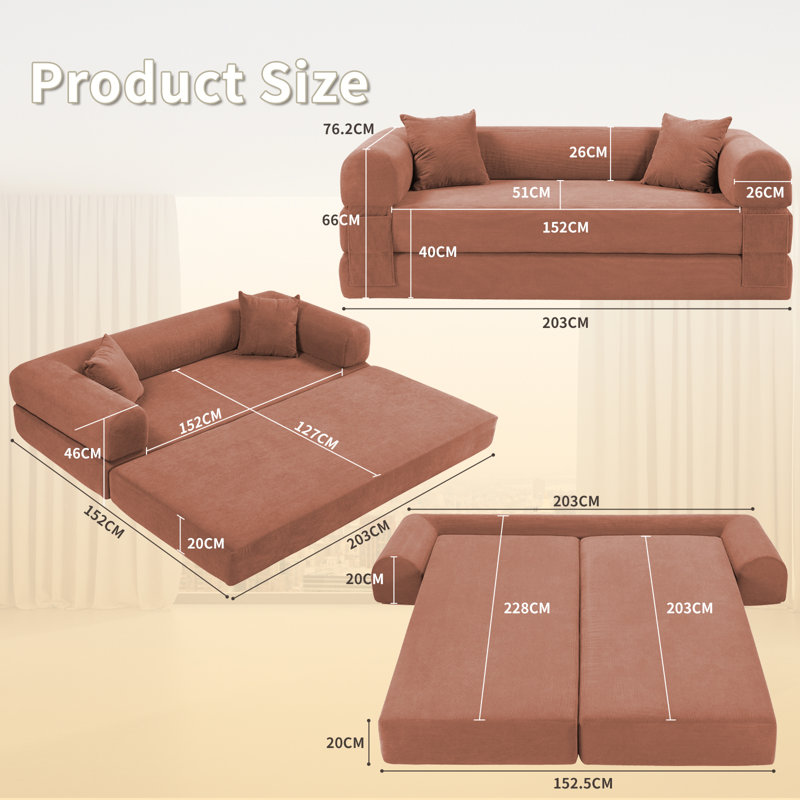 Boneless Convertible Sleeper Sofa Bed with Cylindrical Pillow, Corduroy Folding Mattress Couch, Floor Sofa Sofa-in-a-Box, No Installation & Easy to Transport, Deep Seat