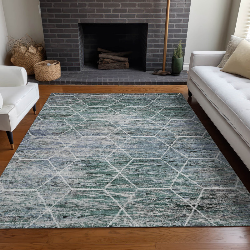 Machine Washable Indoor/Outdoor Xhevrie Teal Rug, Rectangle 9' x 12'