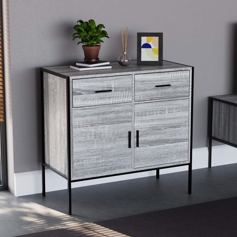 Sylvie 2 Drawer, 2 Door Industrial Rustic Sideboard Cabinet For Living & Dining Room, Grey
