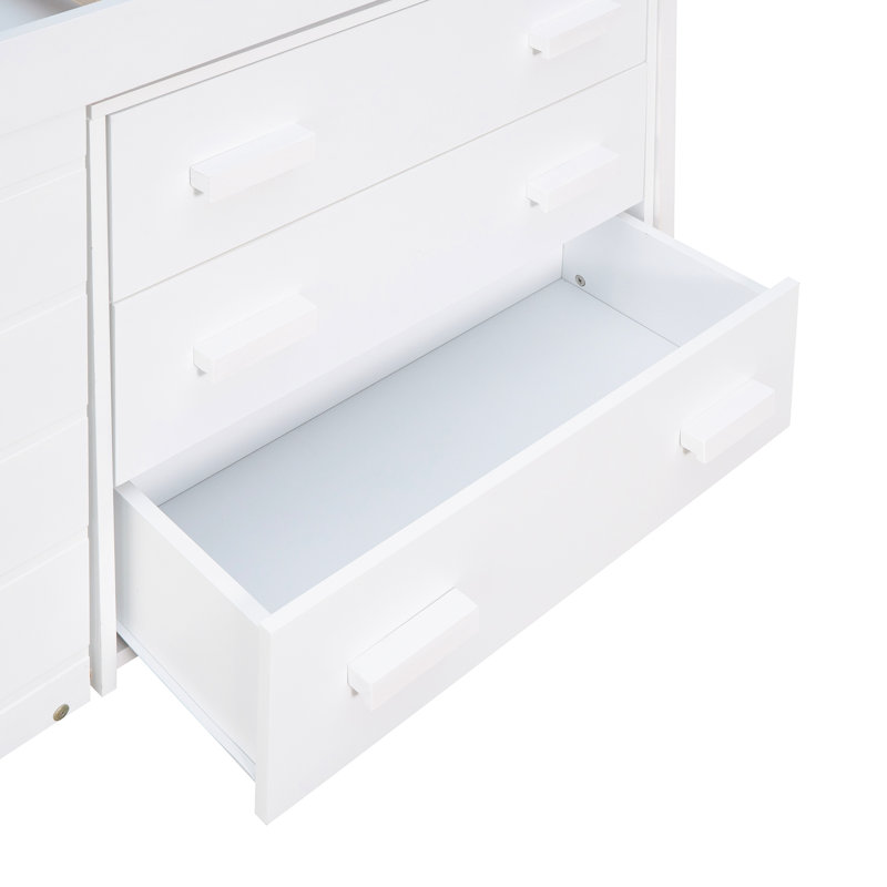 Lit mezzanine simple blanc avec structure en bois massif, armoire et tablette, Blanc