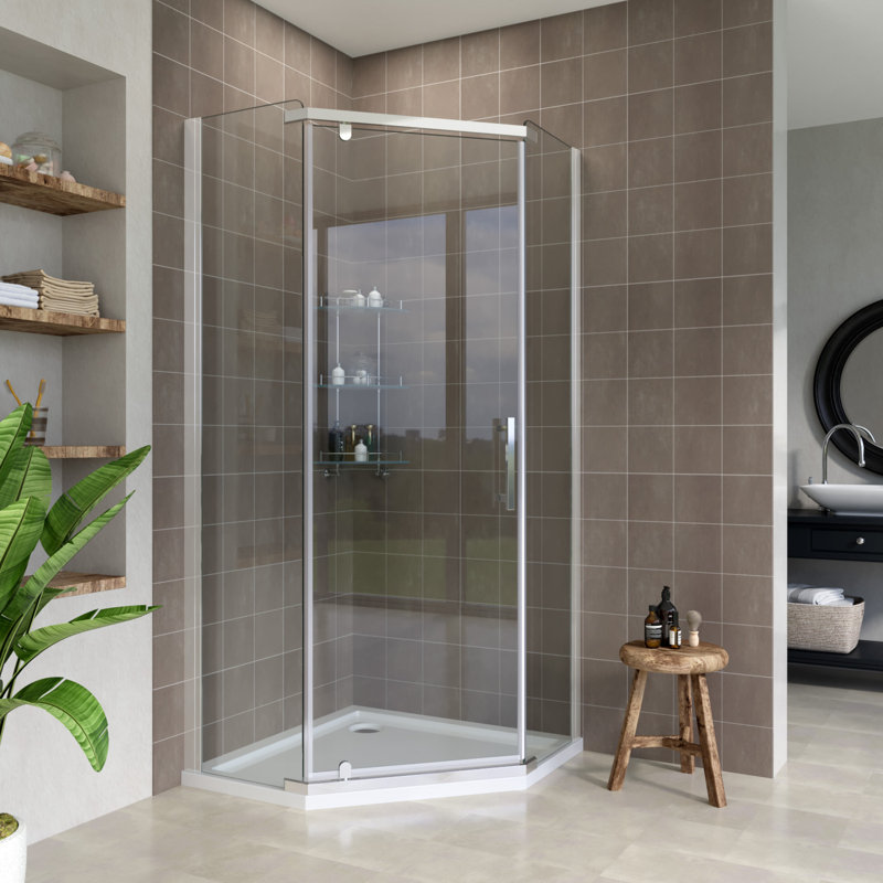 90x90x190cm Diamond-Shaped Semi-Frameless Shower Enclosure with Shower Tray,  Silver