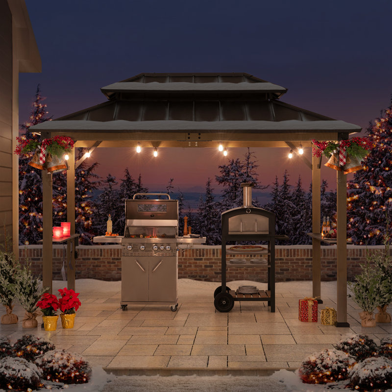 Sunjoy Sunjoy Wooden Grill Gazebo, 9.5 x 11.8 ft. Steel Hardtop Outdoor Gazebo for Year-Round Grilling, 2 Full Size Grills, Griddles or Smokers - Cook Station, Barbeque, Built-in Electrical Outlets