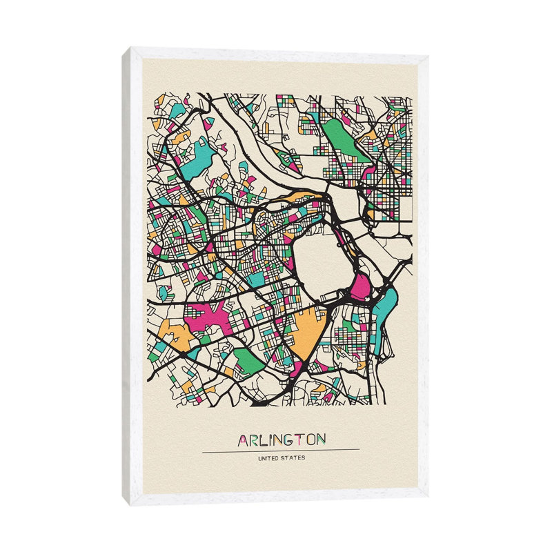 Arlington County, Virginia Map by Ayse Deniz Akerman - Print on Canvas, White Framed, 101.6cm H x 66.04cm W x 3.81cm D