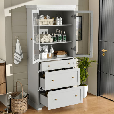 Tall White Bathroom Storage Cabinet with Soft Close Glass Doors & 3 Drawers, Adjustable Inner Shelves