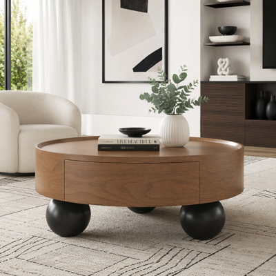 Round Walnut Coffee Table with Storage, Mid-Century Modern Design for Living Room