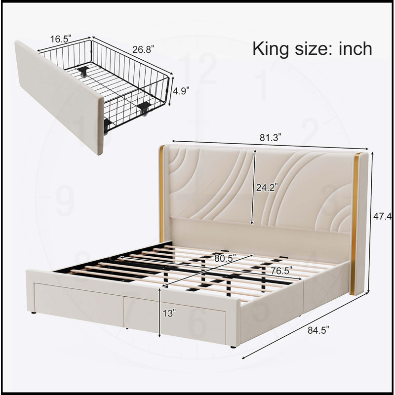 Upholstered LED Bed Frame with Storage, Velvet Platform, Wingback Headboard, RGB Light, Wooden Slats, No Box Spring, Beige