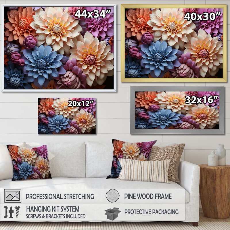 «Mums Burst» aux couleurs vives et éclatantes I sur toile, Cadre doré simple, H 34 po x l 44 po x P 1,5 po