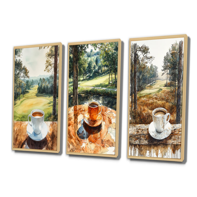 «Coffee Cup At The Golf Court I», ensemble de 3 pièces de la collection Wall Art, H 40 po x l 60 po, Crème, crème