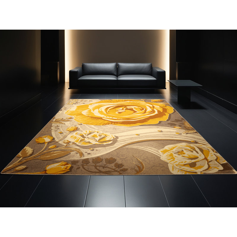 Tapis éclectique à motif floral jaune moelleux Temaraia, 2 pi x 3 pi