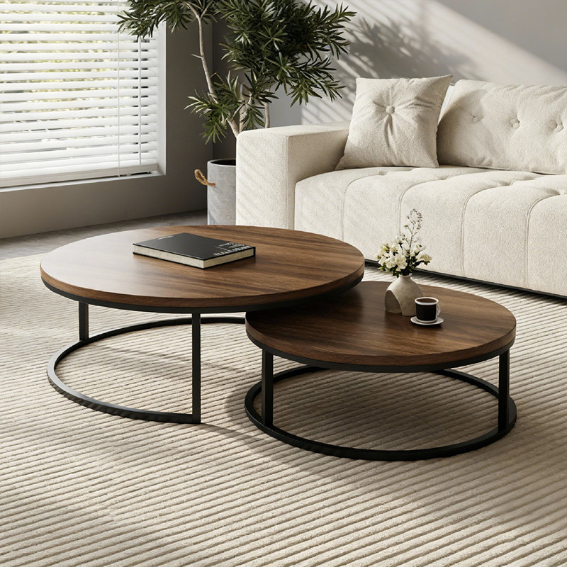 Modern Nesting Tables with Round Wood Tops | Space-Saving Sofa Side Tables for Flats & Living Rooms (Walnut & Black), Brown