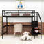Lit mezzanine double en métal avec bureau, escalier de rangement et lumière DEL