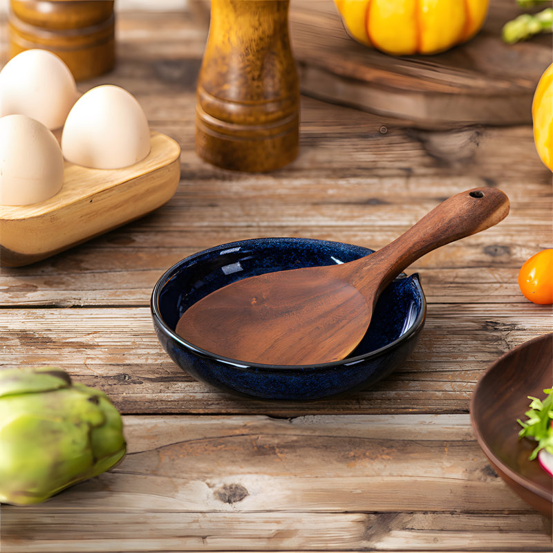 Repose-cuillère en céramique bleue, taille idéale pour les accessoires de cuisine, grès émaillé avec rainure, repose-cuillère empilable d'automne