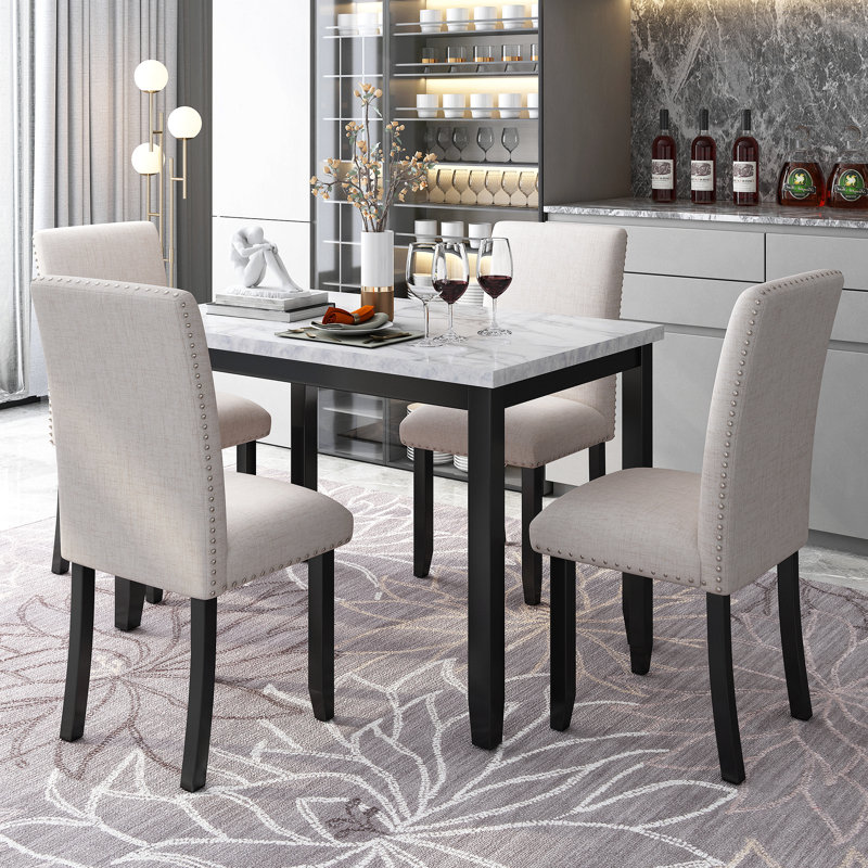 5-Piece Faux Marble Dining Set with 4 Padded Chairs, Modern Kitchen Table and Chair Set for Dining Room, White/Gray, Beige