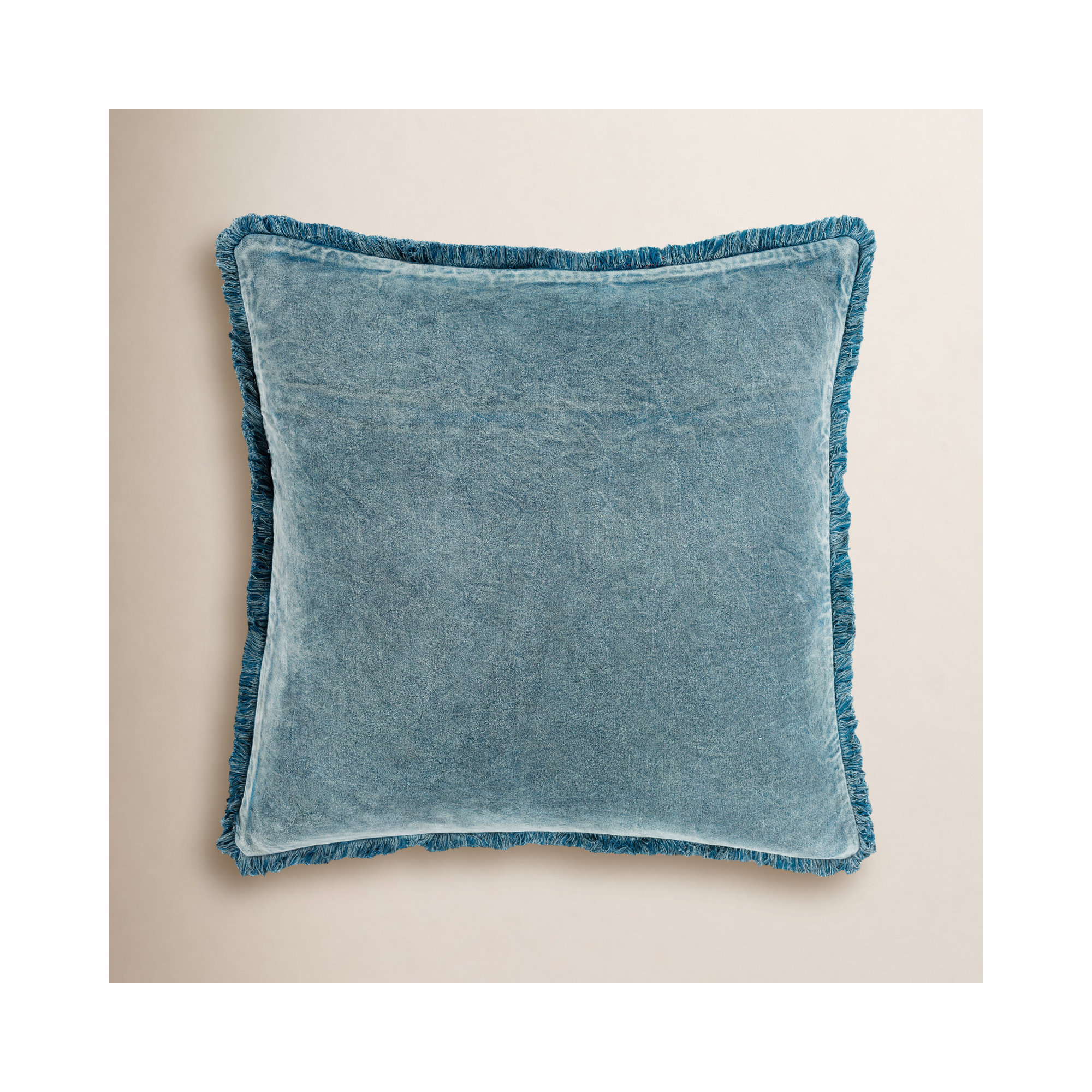 Steph Fringed Cotton Throw Pillow, 22" x 22", Denim, Down