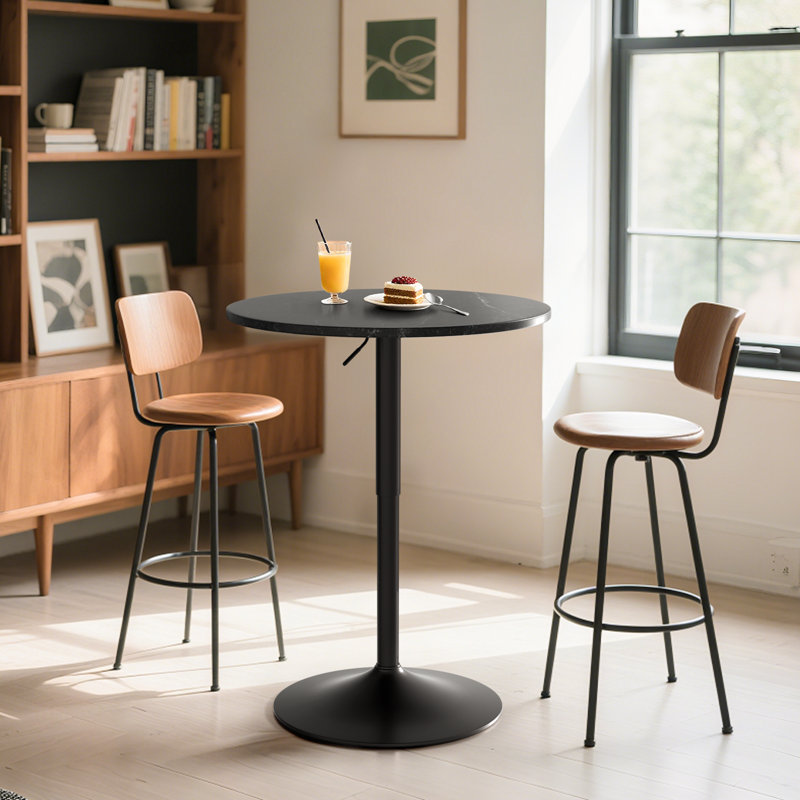 Valencia Holton Adjustable Height Round Bar Table Bistro Pub Table With Sturdy Metal Base And MDF Top For Dining Room, Kitchen, Or Patio